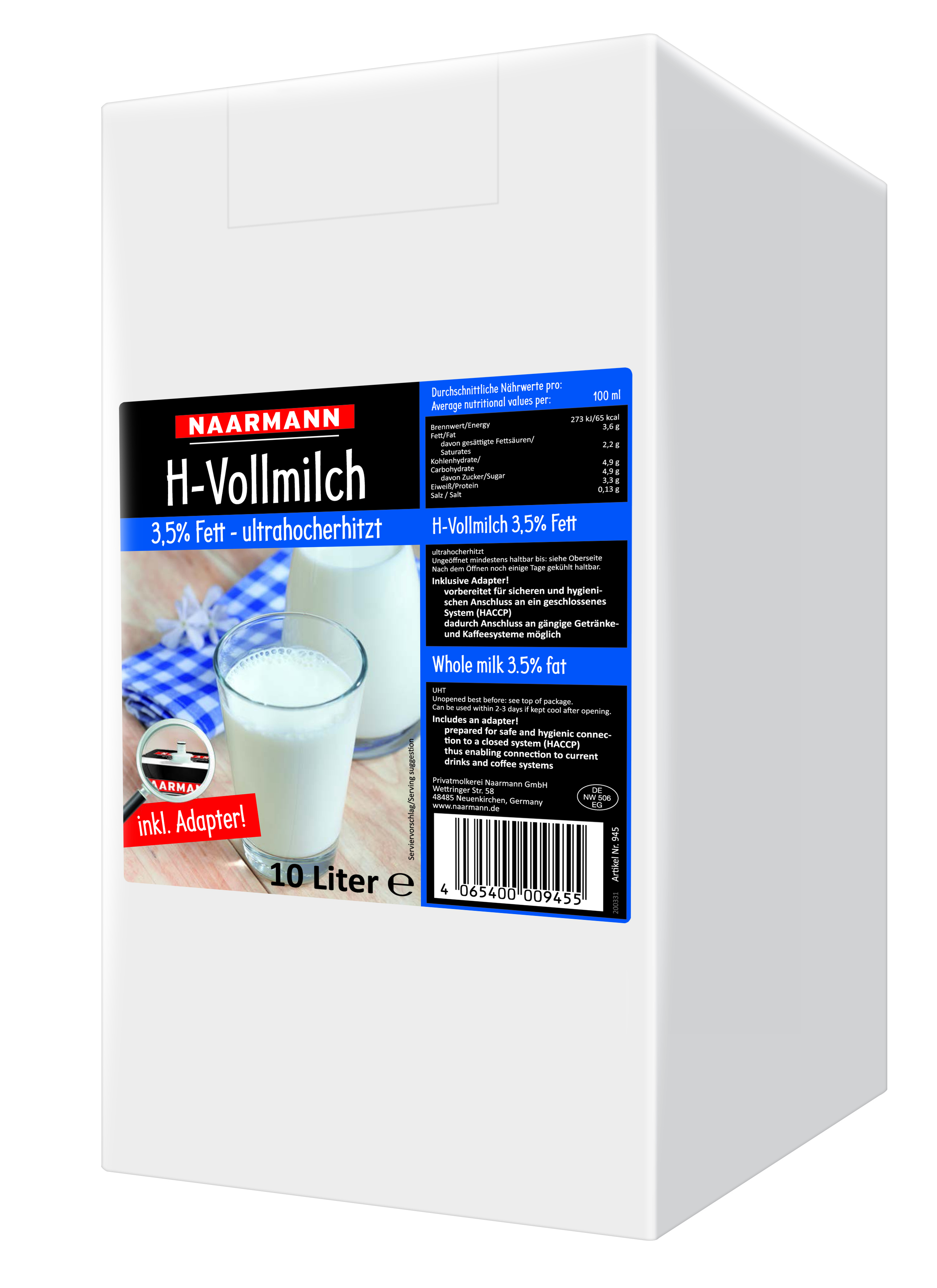 61508 Volle melk bag in box + adapter 1x10 ltr